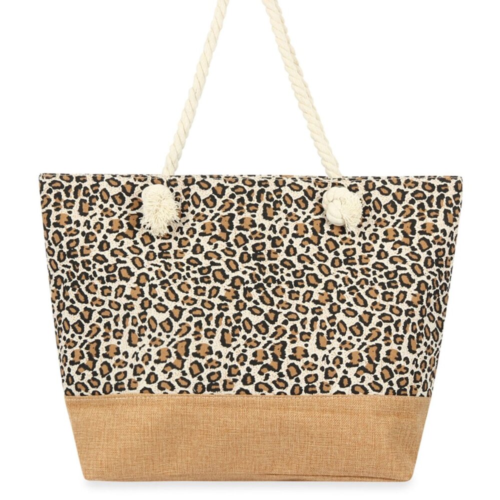 Leopard / Animal Print Tote Bag W/ Tan Bottom- Rope Handles- Style 3- NWT